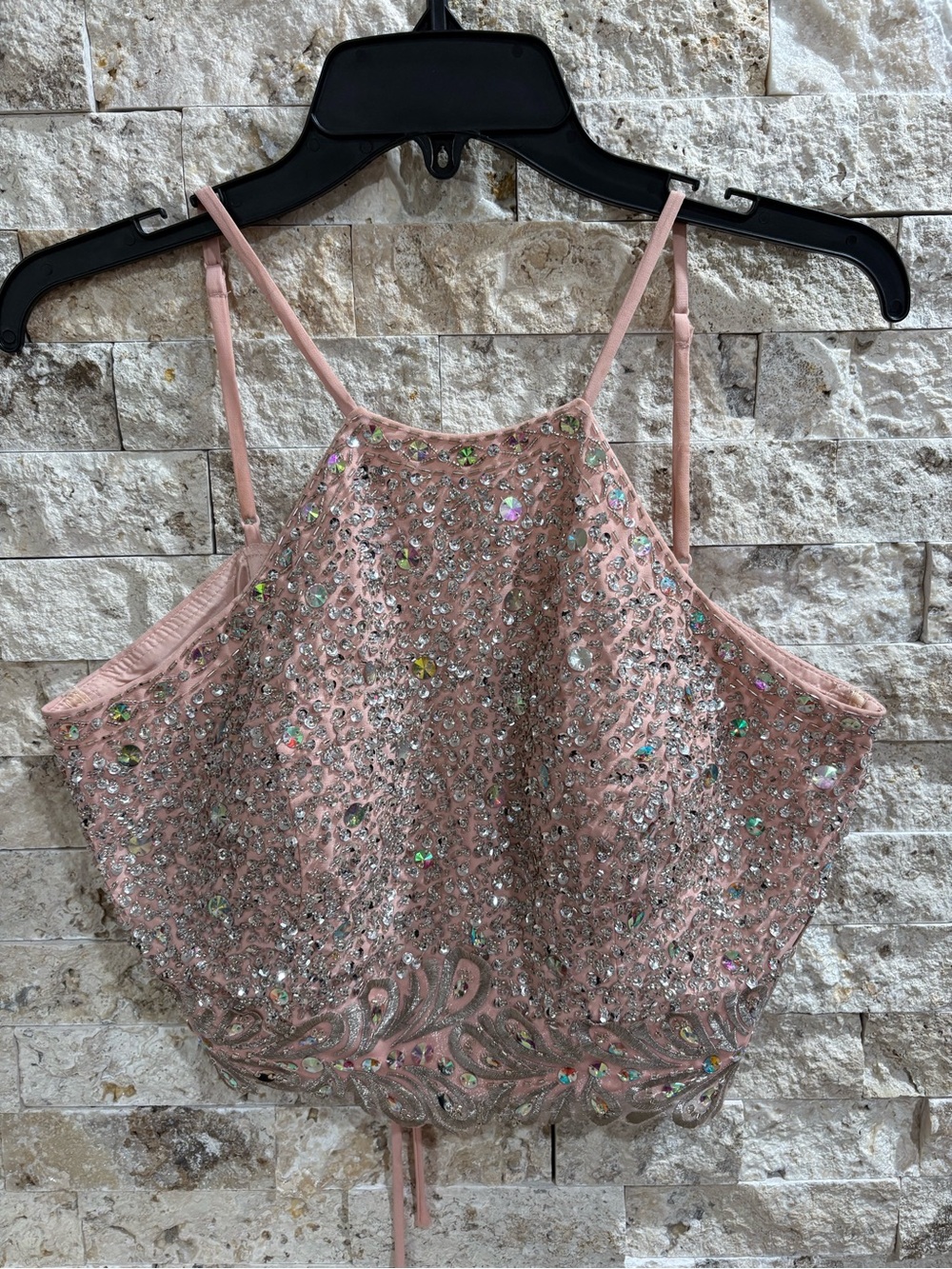 Embellished salmon Sequin Halter Crop Top